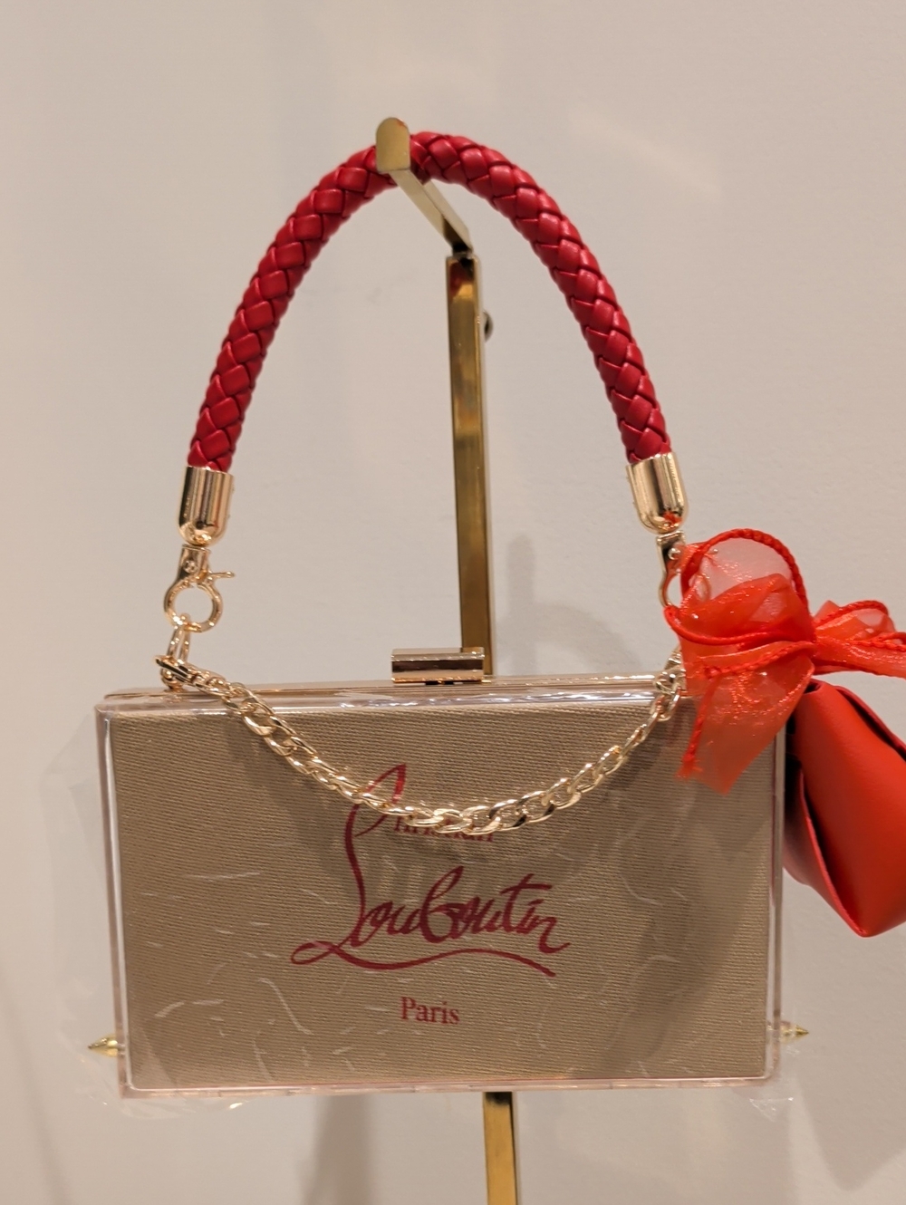 Upcycled CL Spike Acrylic Box Clutch with Gold Chain and Pom Pom